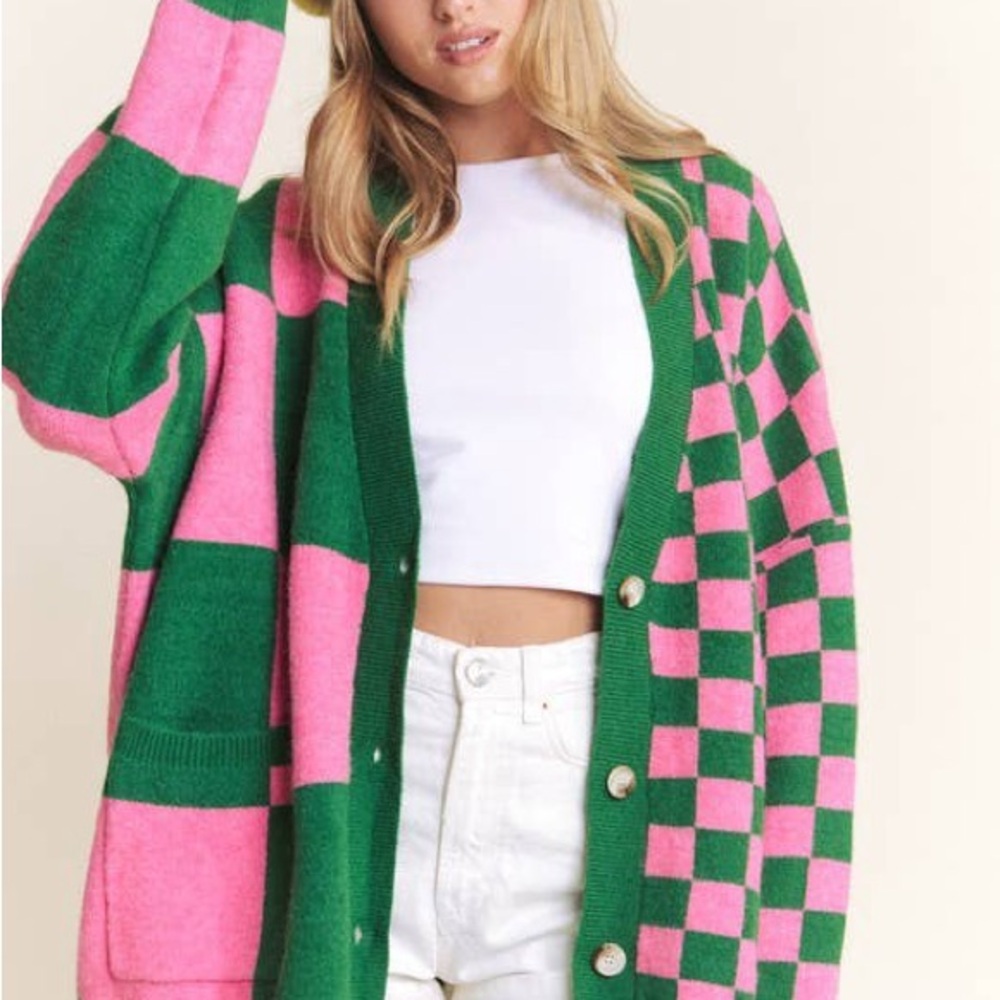 Green and Pink Checkered Women's Sweater - Picture 2 of 7